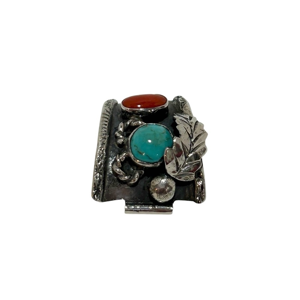 VINTAGE Native American Indian Sterling Silver piece Turquoise Coral Leaf - Picture 4 of 12